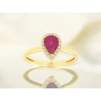 14K Yellow Gold Pear-Shaped Ruby and Diamond Halo Ring - 0.75 Carat Ruby, 0.10 Carat Total Diamond Weight - Royal Jewelry