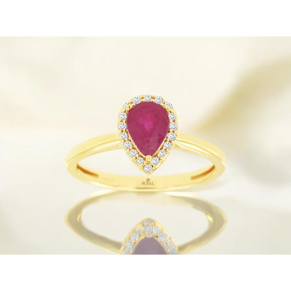 14K Yellow Gold Pear-Shaped Ruby and Diamond Halo Ring - 0.75 Carat Ruby, 0.10 Carat Total Diamond Weight - Royal Jewelry