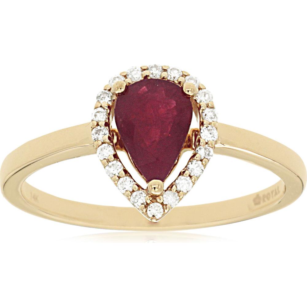 14K Yellow Gold Pear-Shaped Ruby & Diamond Halo Ring - 0.75 Carats Ruby, 0.12 Carats Total Diamond Weight