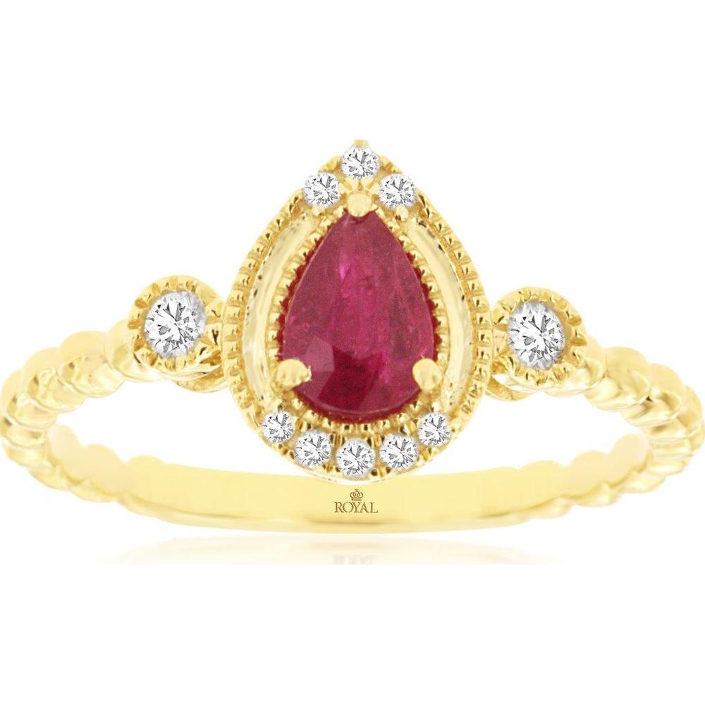 14K Yellow Gold Pear Shaped Ruby and Diamond Halo Ring with Twisted Rope Band and Milgrain Detailing - 0.45 Carat Ruby and 0.10 Carat Total Diamond Weight - Royal Jewelry
