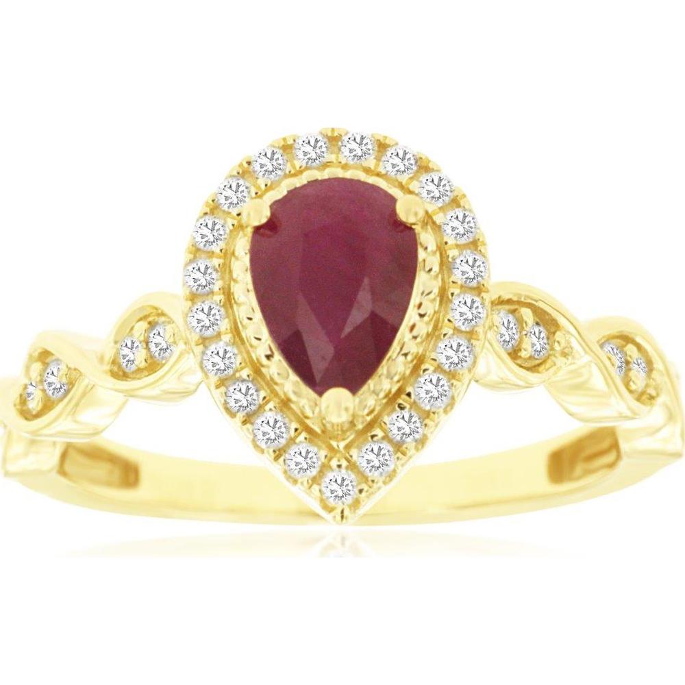 14K Yellow Gold Pear-Shaped Ruby and Diamond Halo Ring with Twisted Vine Band - 0.75 Carat Ruby, 0.26 Carat Diamond Total Weight - Royal Jewelry