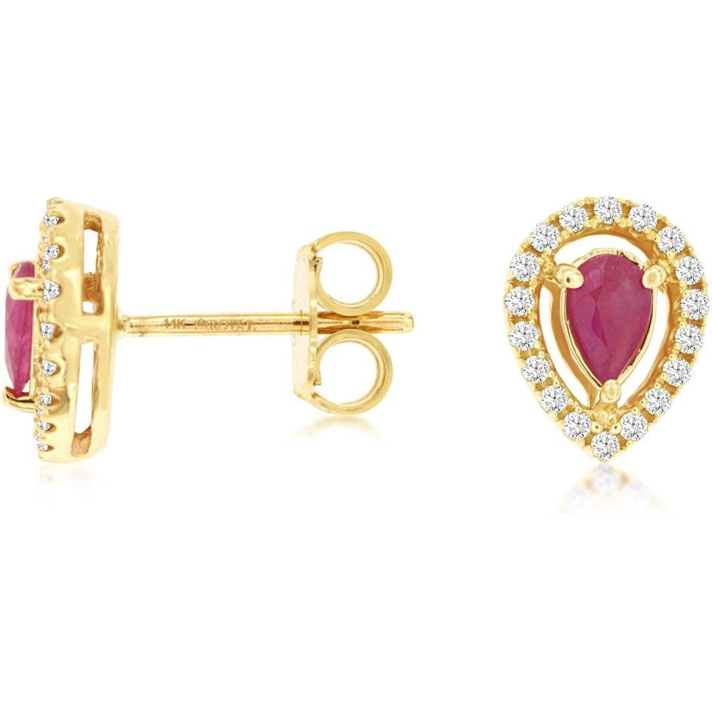 14K Yellow Gold Pear-Shaped Ruby and Diamond Halo Stud Earrings - 0.44 Carat Total Ruby Weight and 0.19 Carat Total Diamond Weight - Royal Jewelry