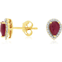 14K Yellow Gold Pear-Shaped Ruby and Diamond Halo Stud Earrings - 0.90 Carat Total Ruby Weight and 0.11 Carat Total Diamond Weight - Royal Jewelry