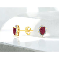 14K Yellow Gold Pear-Shaped Ruby and Diamond Halo Stud Earrings - 0.90 Carat Total Ruby Weight and 0.11 Carat Total Diamond Weight - Royal Jewelry