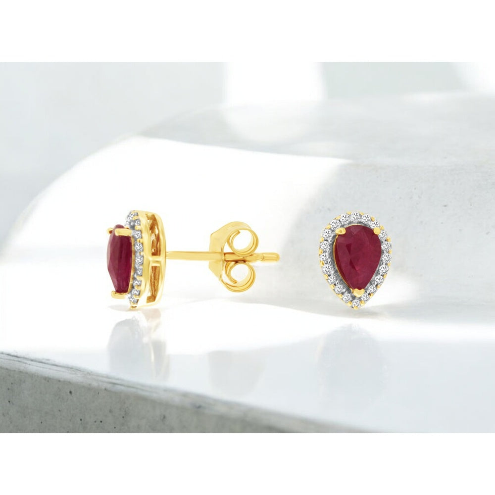 14K Yellow Gold Pear-Shaped Ruby and Diamond Halo Stud Earrings - 0.90 Carat Total Ruby Weight and 0.11 Carat Total Diamond Weight - Royal Jewelry