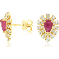 14K Yellow Gold Pear-Shaped Ruby and Diamond Halo Stud Earrings - 0.95 Carat Total Ruby Weight, 0.45 Carat Total Diamond Weight - Royal Jewelry
