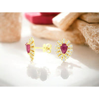 14K Yellow Gold Pear-Shaped Ruby and Diamond Halo Stud Earrings - 0.95 Carat Total Ruby Weight, 0.45 Carat Total Diamond Weight - Royal Jewelry