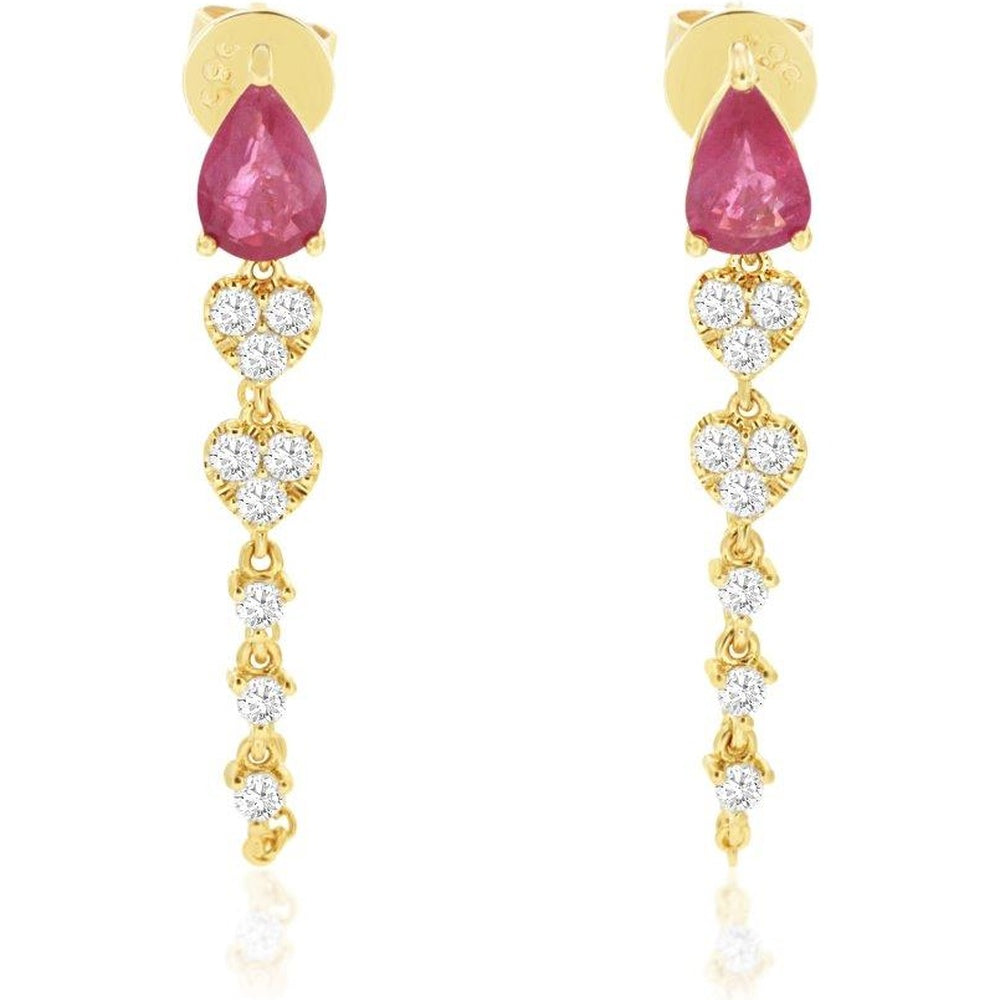 14K Yellow Gold Pear-Shaped Ruby and Diamond Heart Drop Earrings - 0.90 Carat Total Ruby Weight and 0.35 Carat Total Diamond Weight - Royal Jewelry