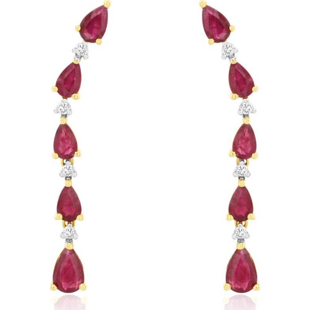 14K Yellow Gold Pear-Shaped Ruby & Diamond Linear Drop Earrings – 2.87 Carat Total Ruby Weight, 0.13 Carat Total Diamond Weight - Royal Jewelry