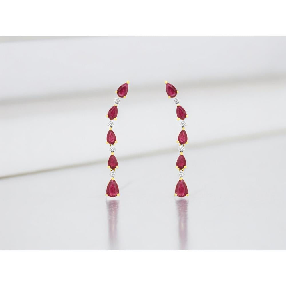 14K Yellow Gold Pear-Shaped Ruby & Diamond Linear Drop Earrings – 2.87 Carat Total Ruby Weight, 0.13 Carat Total Diamond Weight - Royal Jewelry