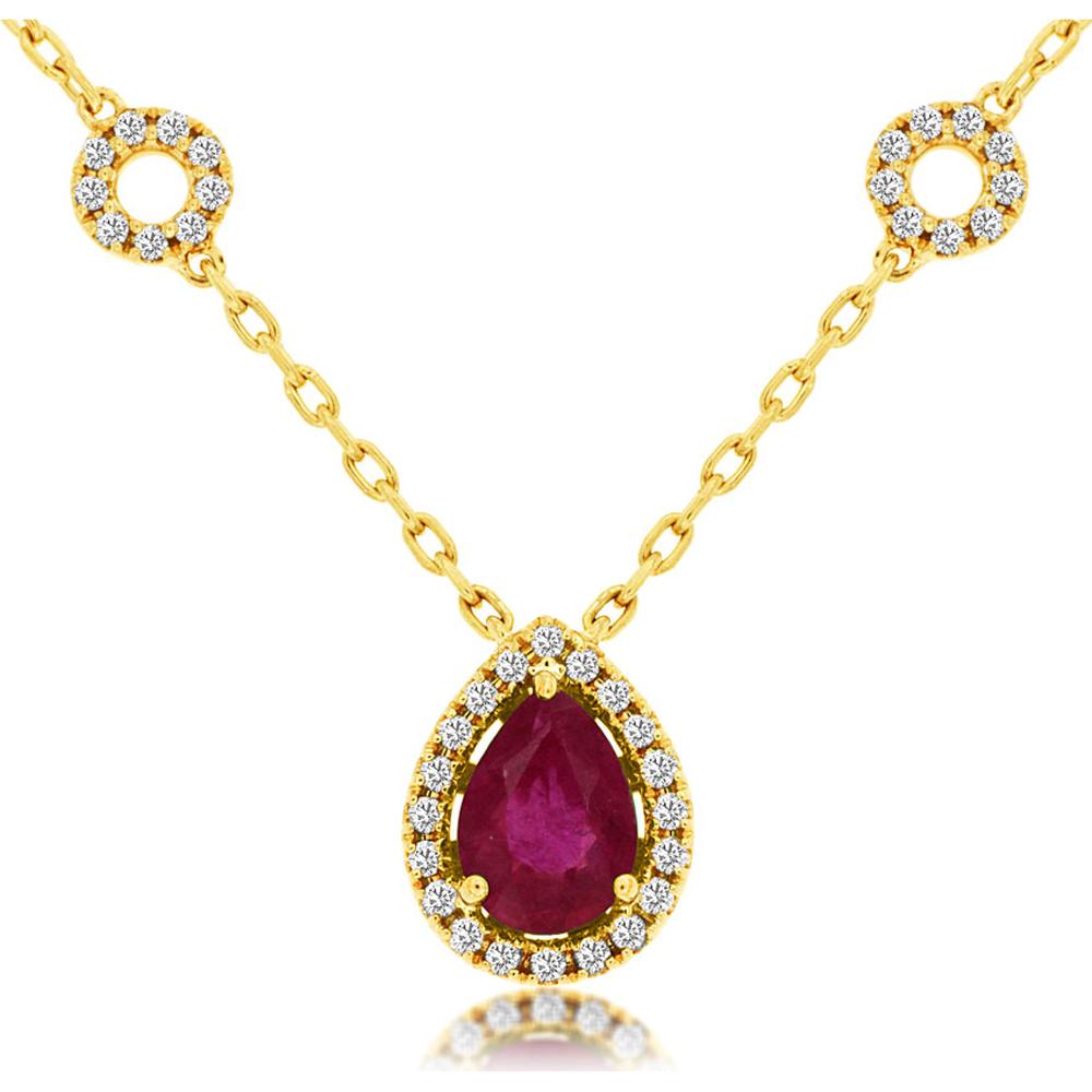 14K Yellow Gold Pear-Shaped Ruby and Round Diamond Halo Station Necklace - 0.75 Carat Ruby & 0.25 Carat Diamond Total Weight - Royal Jewelry