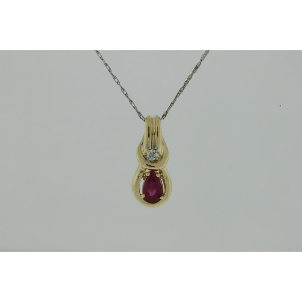 14K Yellow Gold Pear-Shaped Ruby & Round Diamond Pendant - 0.22 Carat Ruby, 0.02 Carat Diamond - Royal Jewelry