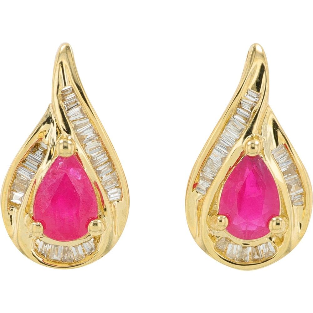 14K Yellow Gold Pear-Shaped Ruby Drop Earrings with Baguette Diamond Accents - 0.16 Carat Total Diamond Weight