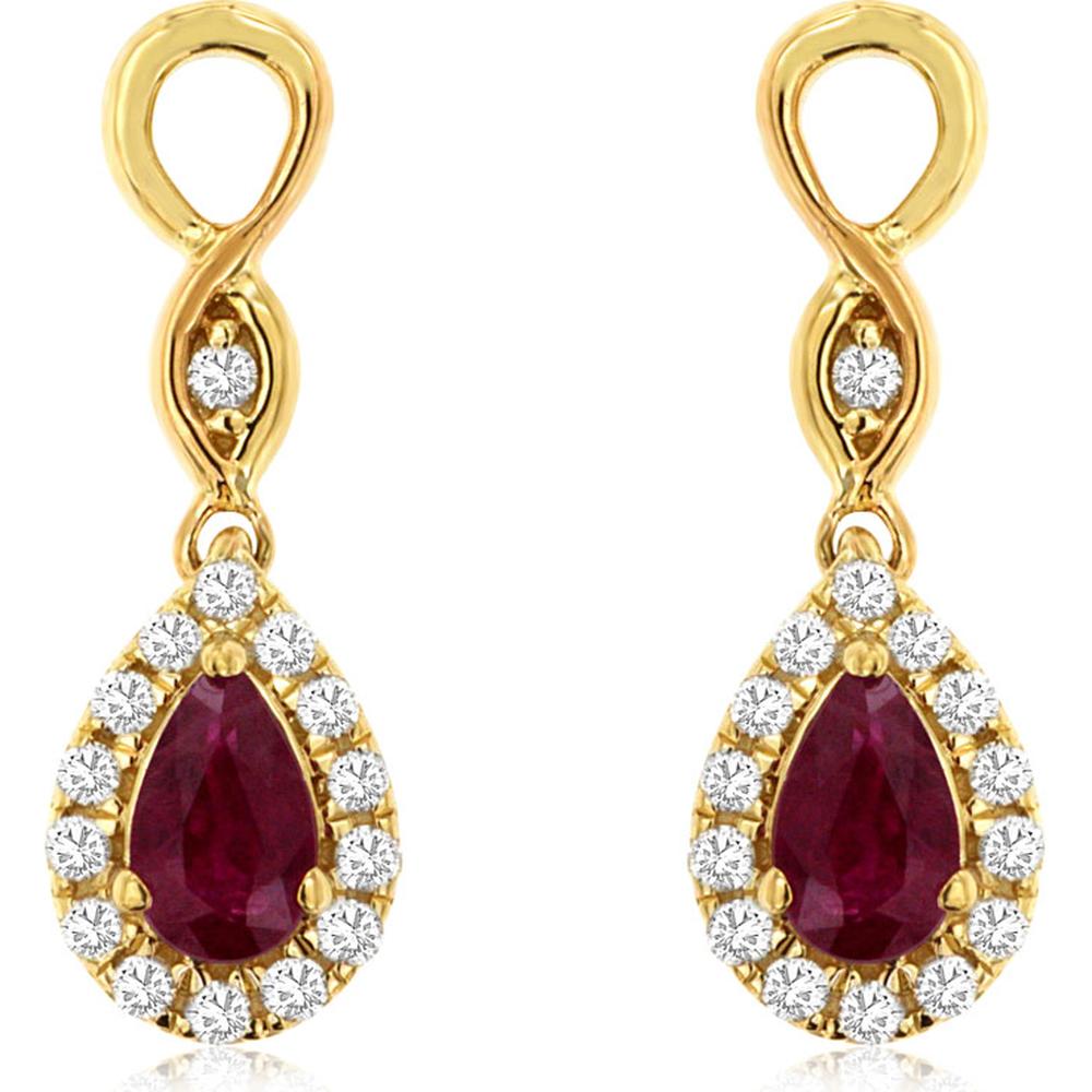 14K Yellow Gold Pear-Shaped Ruby Drop Earrings with Diamond Halo - 0.44 Carat Ruby Total Weight, 0.17 Carat Diamond Total Weight - Royal Jewelry