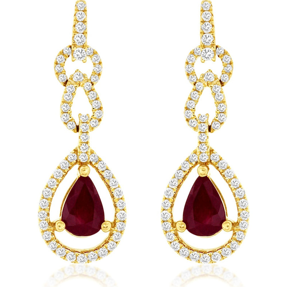 14K Yellow Gold Pear-Shaped Ruby Drop Earrings with Diamond Halo and Open Figure-Eight Motif - 0.90 Carat Total Ruby Weight and 0.40 Carat Total Diamond Weight - Royal Jewelry