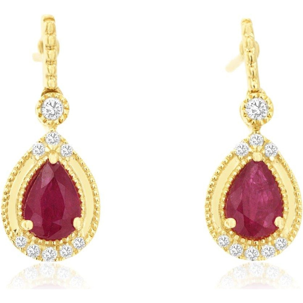 14K Yellow Gold Pear-Shaped Ruby Drop Earrings with Milgrain Detailing and Round Diamond Accents - 0.90 Carat Total Ruby Weight - Royal Jewelry
