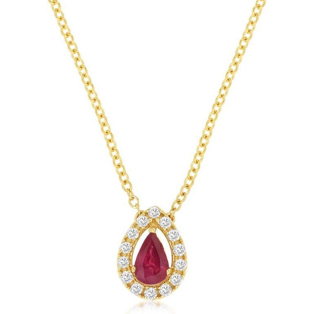 14K Yellow Gold Pear-Shaped Ruby Halo Pendant Necklace with Round Diamond Accents - 0.24 Carat Ruby and 0.14 Carat Total Diamond Weight - Royal Jewelry