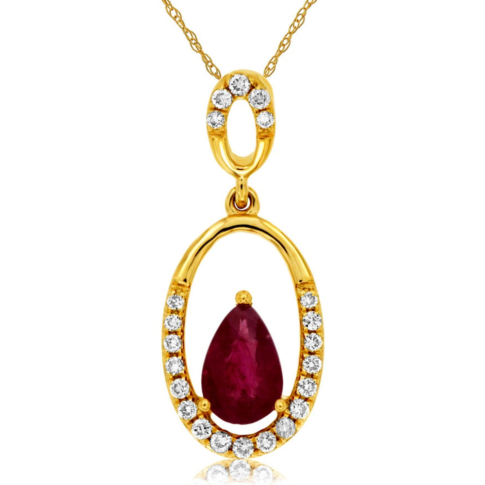 14K Yellow Gold Pear-Shaped Ruby Halo Pendant Necklace with Round Diamond Accents - 0.45 Carat Ruby and 0.10 Carat Total Diamond Weight - Royal Jewelry