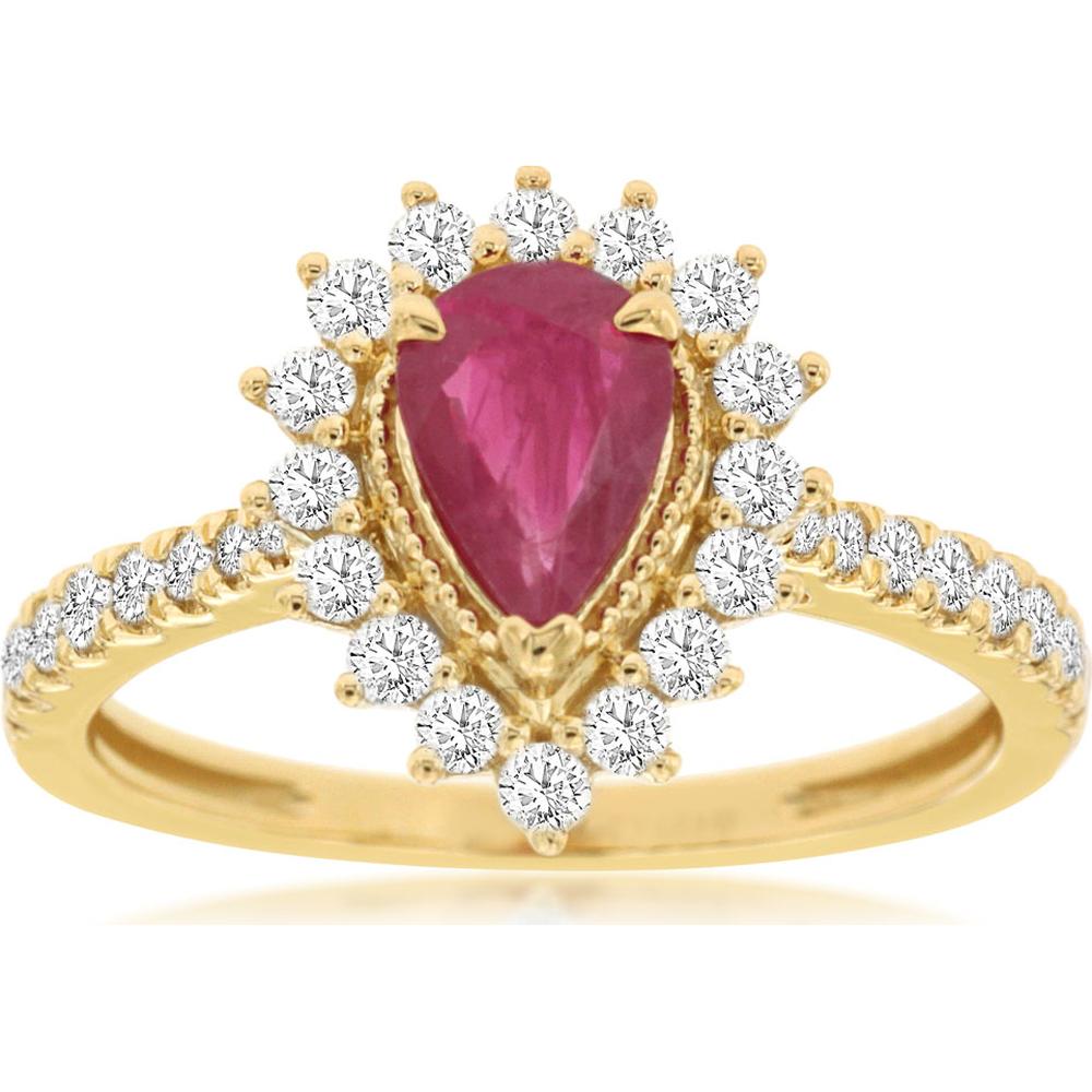 14K Yellow Gold Pear Shaped Ruby Halo Ring with Round Diamonds - 0.75 Carat Ruby and 0.50 Carat Total Diamond Weight - Royal Jewelry