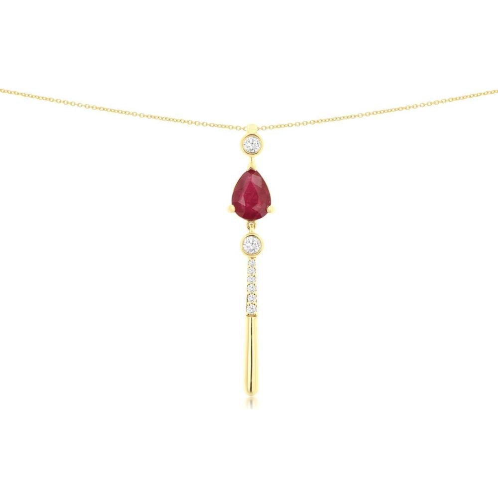 14K Yellow Gold Pear-Shaped Ruby Pendant with Bezel-Set and Bar-Set Round Diamonds - 0.80 Carat Ruby Total Weight, 0.14 Carat Diamond Total Weight - Royal Jewelry
