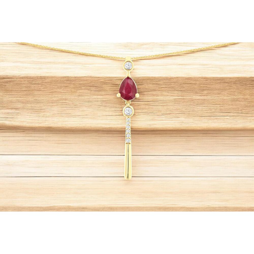 14K Yellow Gold Pear-Shaped Ruby Pendant with Bezel-Set and Bar-Set Round Diamonds - 0.80 Carat Ruby Total Weight, 0.14 Carat Diamond Total Weight - Royal Jewelry