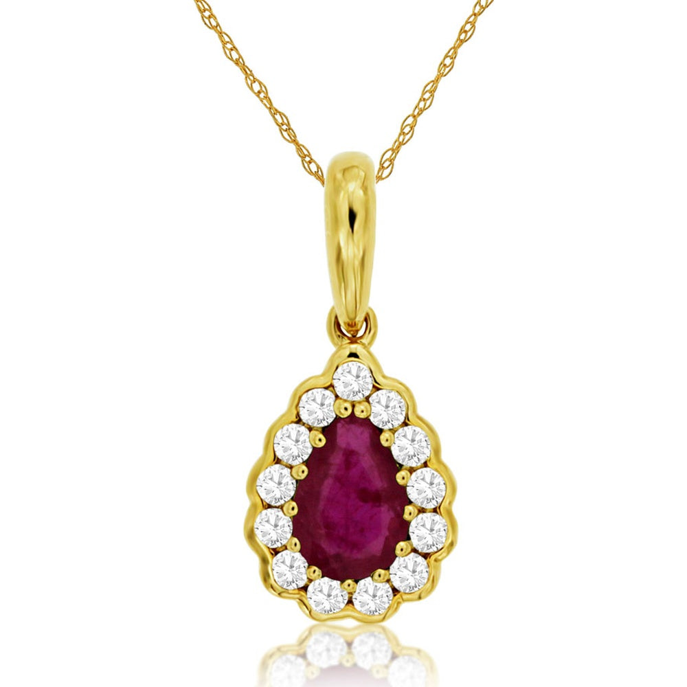 14K Yellow Gold Pear-Shaped Ruby Pendant with Diamond Halo - 0.45 Carat Ruby and 0.14 Carat Total Diamond Weight - Royal Jewelry