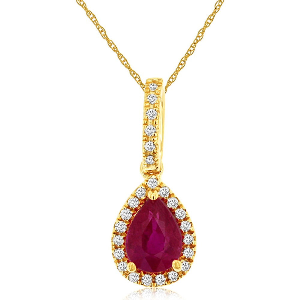 14K Yellow Gold Pear-Shaped Ruby Pendant with Diamond Halo - 0.75 Carat Ruby and 0.13 Carat Diamond Total Weight - Royal Jewelry