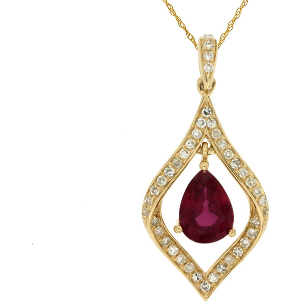 14K Yellow Gold Pear-Shaped Ruby Pendant with Pavé Diamond Accents - 0.75 Carat Ruby and 0.17 Carat Diamond Total Weight - Royal Jewelry