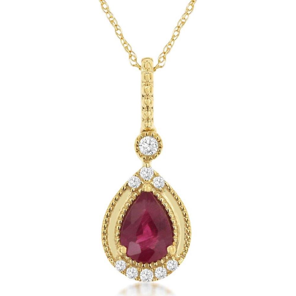 14K Yellow Gold Pear-Shaped Ruby Pendant with Round Diamond Accents - 0.80 Carat Ruby & 0.10 Carat Total Diamond Weight - Royal Jewelry