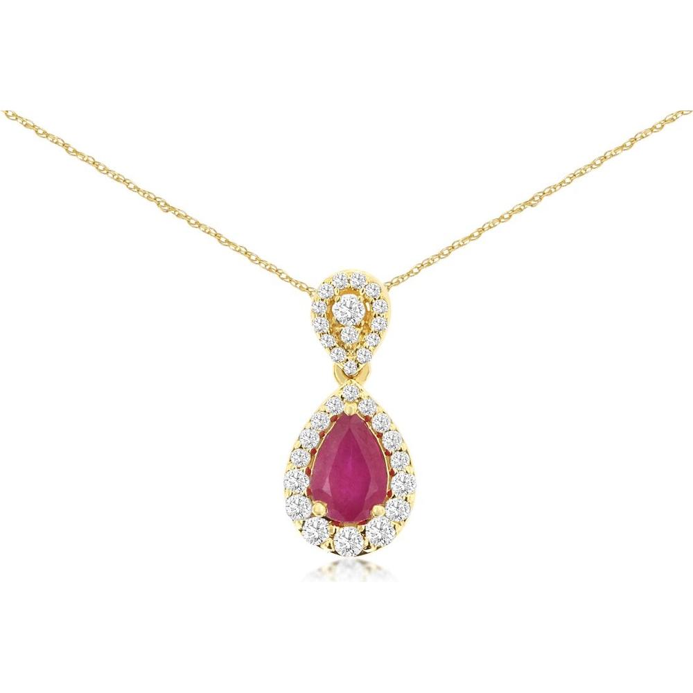 14K Yellow Gold Pear-Shaped Ruby Pendant with Round Diamond Halo and Diamond Teardrop Bail - 0.48 Carat Ruby & 0.20 Carat Diamond Weight - Royal Jewelry