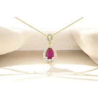 14K Yellow Gold Pear-Shaped Ruby Pendant with Round Diamond Halo and Diamond Teardrop Bail - 0.48 Carat Ruby & 0.20 Carat Diamond Weight - Royal Jewelry