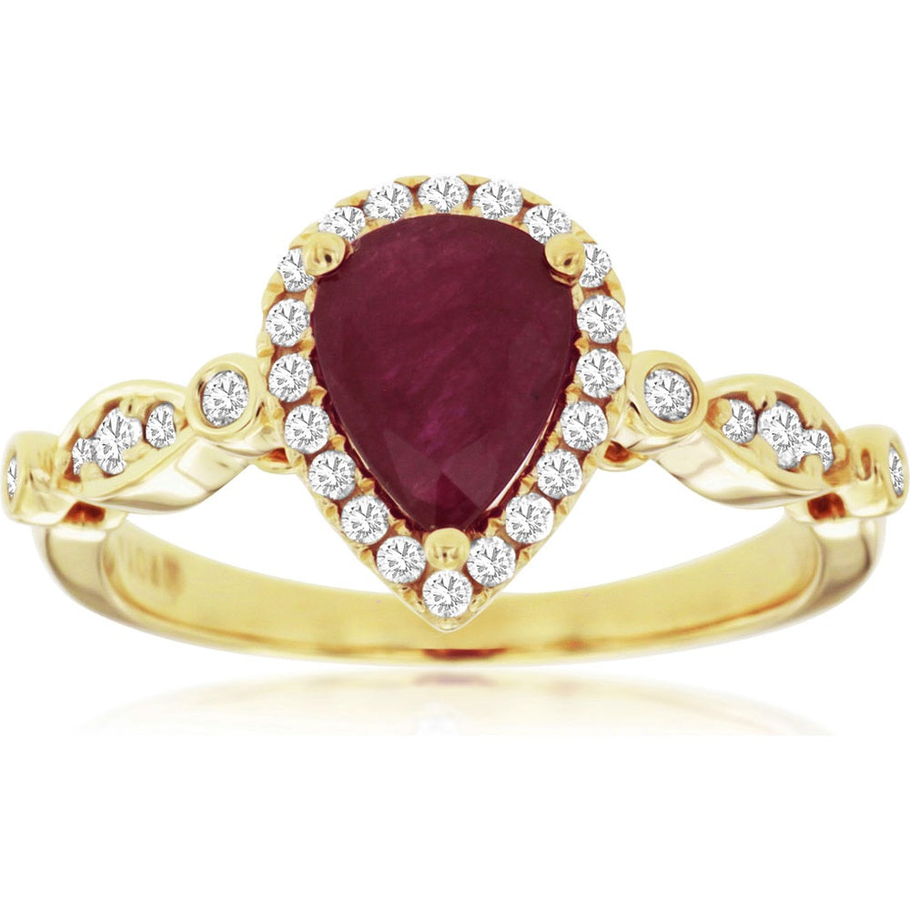14K Yellow Gold Pear-Shaped Ruby Ring with Diamond Halo and Twisted Diamond Accented Band - 1.12 Carat Ruby and 0.25 Carat Total Diamond Weight - Royal Jewelry