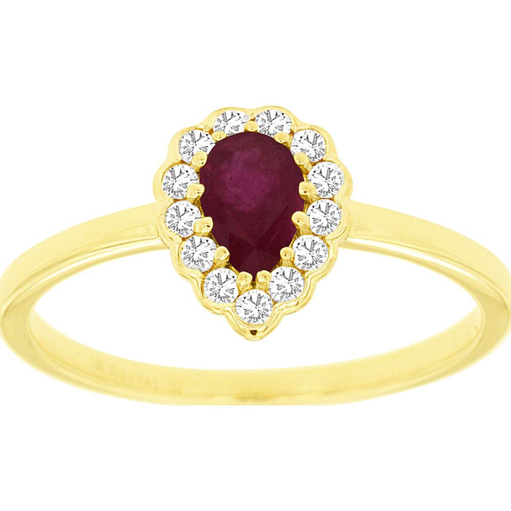 14K Yellow Gold Pear-Shaped Ruby Ring with Diamond Scalloped Halo - 0.45 Carat Ruby and 0.14 Carat Total Diamond Weight - Royal Jewelry