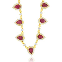14K Yellow Gold Pear-Shaped Ruby Station Necklace with Diamond Halo - 6.20 Carat Total Ruby Weight, 1.80 Carat Total Diamond Weight - Royal Jewelry