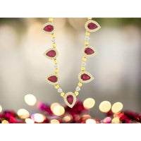 14K Yellow Gold Pear-Shaped Ruby Station Necklace with Diamond Halo - 6.20 Carat Total Ruby Weight, 1.80 Carat Total Diamond Weight - Royal Jewelry