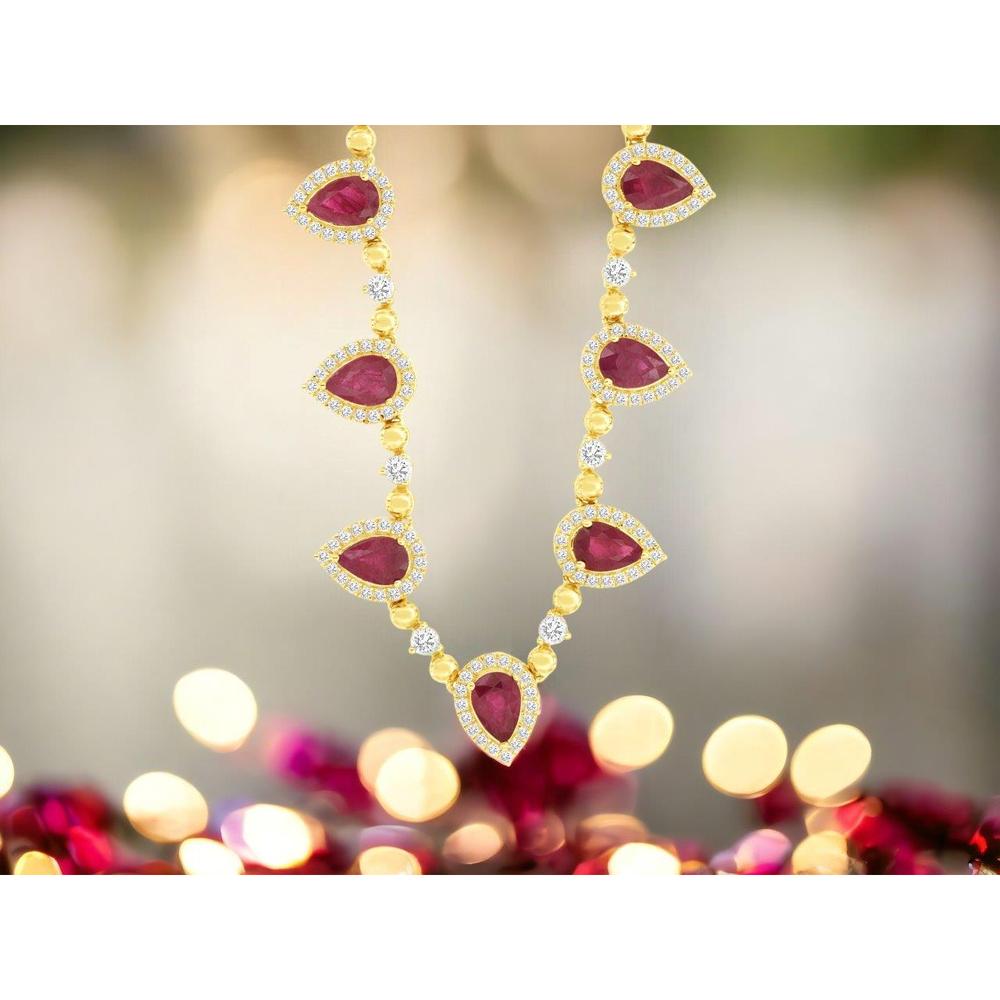 14K Yellow Gold Pear-Shaped Ruby Station Necklace with Diamond Halo - 6.20 Carat Total Ruby Weight, 1.80 Carat Total Diamond Weight - Royal Jewelry