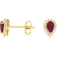 14K Yellow Gold Pear-Shaped Ruby Stud Earrings with Diamond Halo - 0.44 Carat Total Ruby Weight and 0.14 Carat Total Diamond Weight - Royal Jewelry