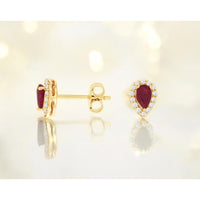 14K Yellow Gold Pear-Shaped Ruby Stud Earrings with Diamond Halo - 0.44 Carat Total Ruby Weight and 0.14 Carat Total Diamond Weight - Royal Jewelry