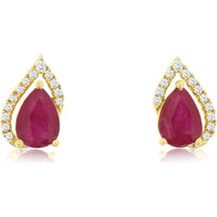 14K Yellow Gold Pear-Shaped Ruby Stud Earrings with Diamond Halo Accents - 1.50 Carat Total Ruby Weight and 0.14 Carat Total Diamond Weight - Royal Jewelry