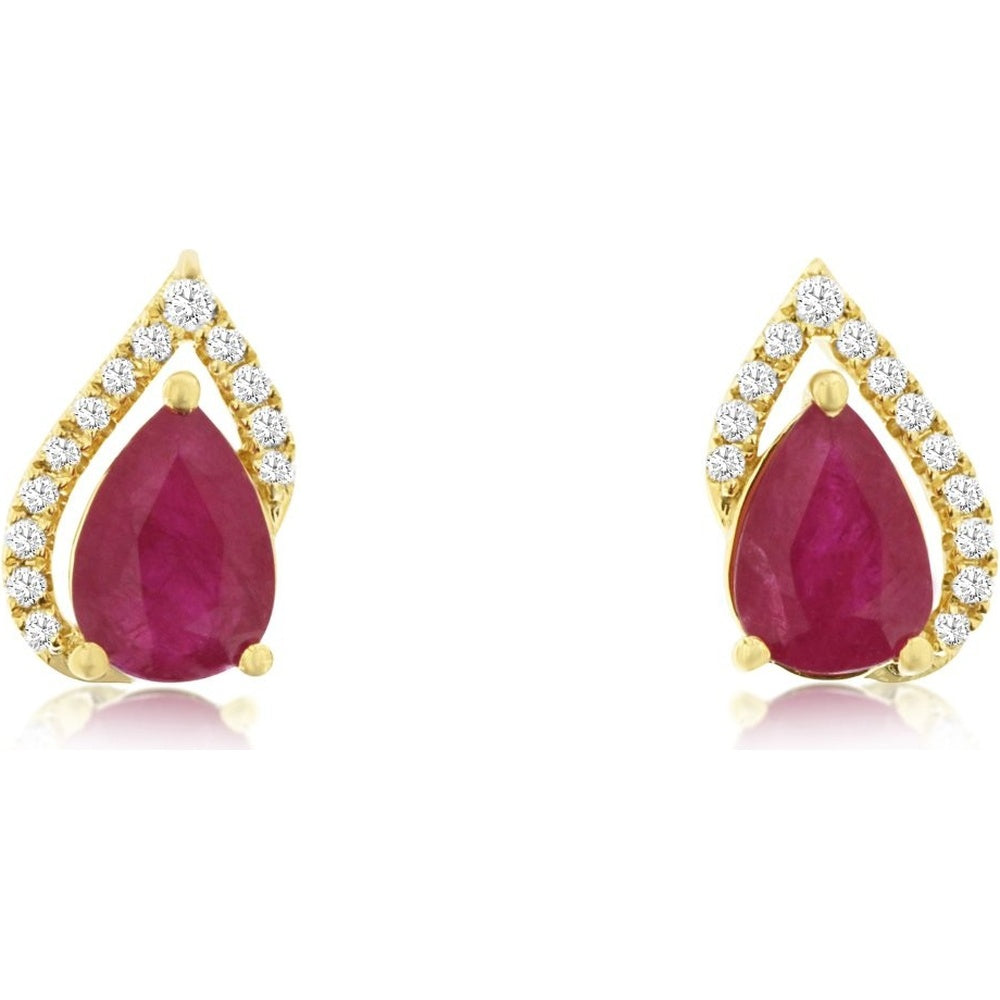 14K Yellow Gold Pear-Shaped Ruby Stud Earrings with Diamond Halo Accents - 1.50 Carat Total Ruby Weight and 0.14 Carat Total Diamond Weight - Royal Jewelry