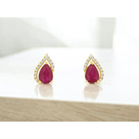 14K Yellow Gold Pear-Shaped Ruby Stud Earrings with Diamond Halo Accents - 1.50 Carat Total Ruby Weight and 0.14 Carat Total Diamond Weight - Royal Jewelry