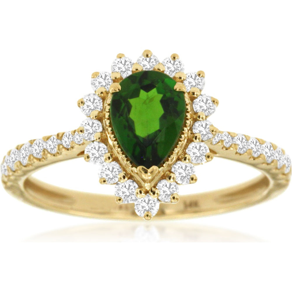14K Yellow Gold Pear-Shaped Russalite and Diamond Halo Ring with Pavé Set Diamond Band - 0.82 Carat Russalite and 0.50 Carat Total Diamond Weight - Royal Jewelry