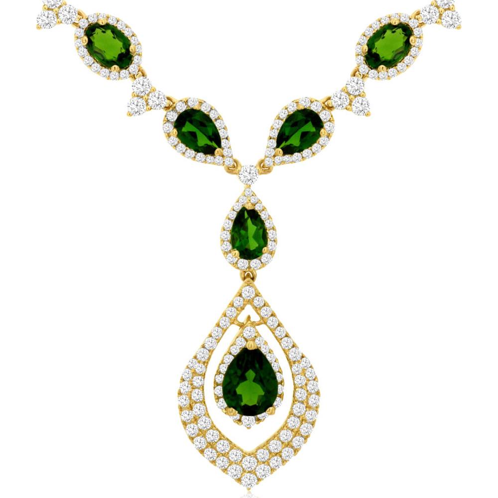 14K Yellow Gold Pear-Shaped Russalite & Diamond Halo Statement Necklace - 8.90 Carat Russalite, 4.00 Carat Diamond Total Weight - Royal Jewelry