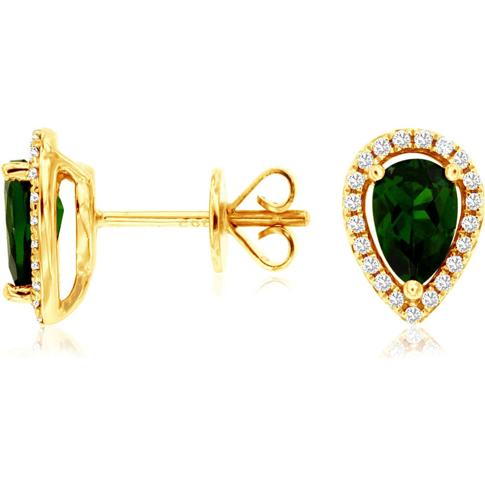 14K Yellow Gold Pear-Shaped Russalite and Diamond Halo Stud Earrings - 0.90 Carat Total Russalite Weight and 0.12 Carat Total Diamond Weight - Royal Jewelry