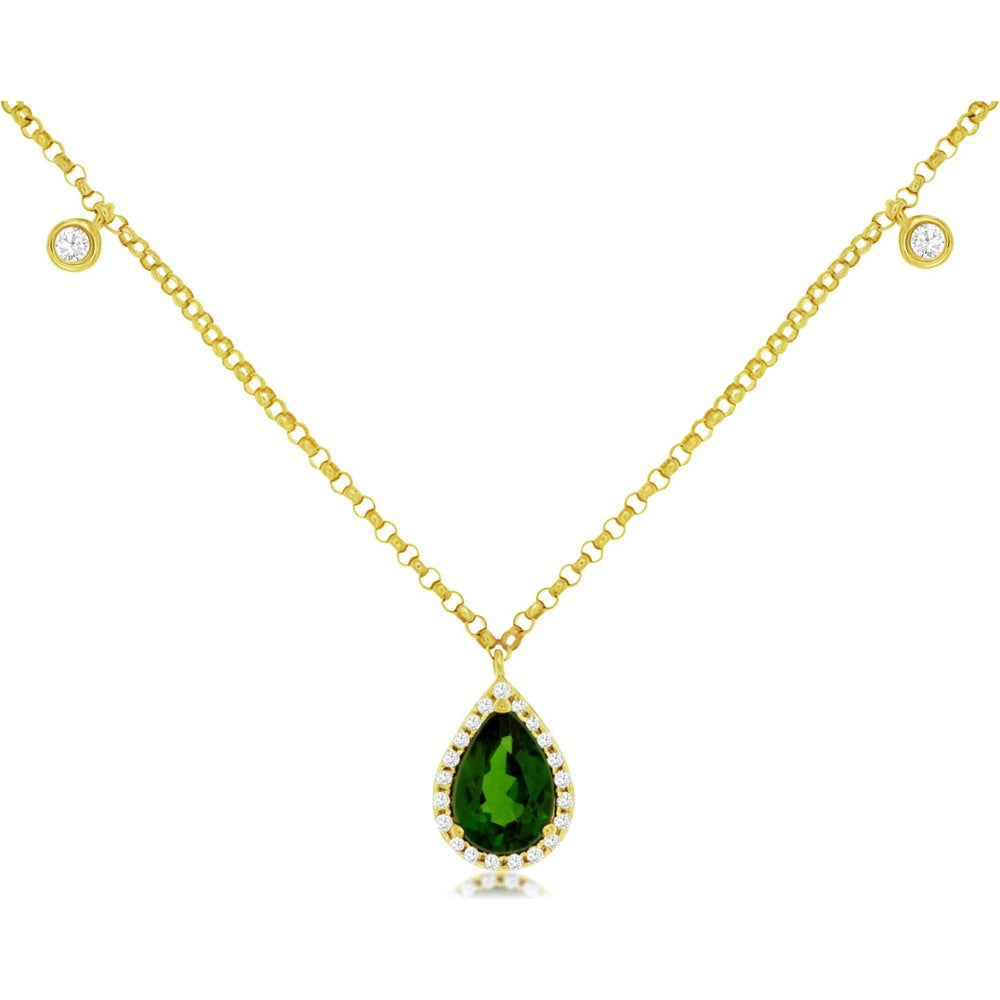 14K Yellow Gold Pear-Shaped Russalite Pendant with Diamond Halo and Station Diamond Accents - 0.82 Carat Russalite and 0.12 Carat Total Diamond Weight - Royal Jewelry