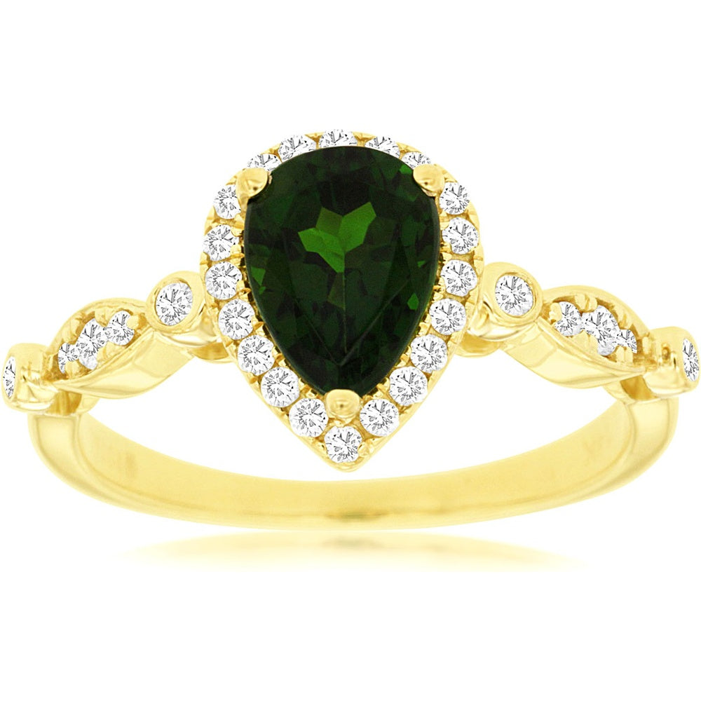 14K Yellow Gold Pear-Shaped Russalite Ring with Diamond Halo - 1.15 Carat Russalite and 0.25 Carat Total Diamond Weight - Royal Jewelry