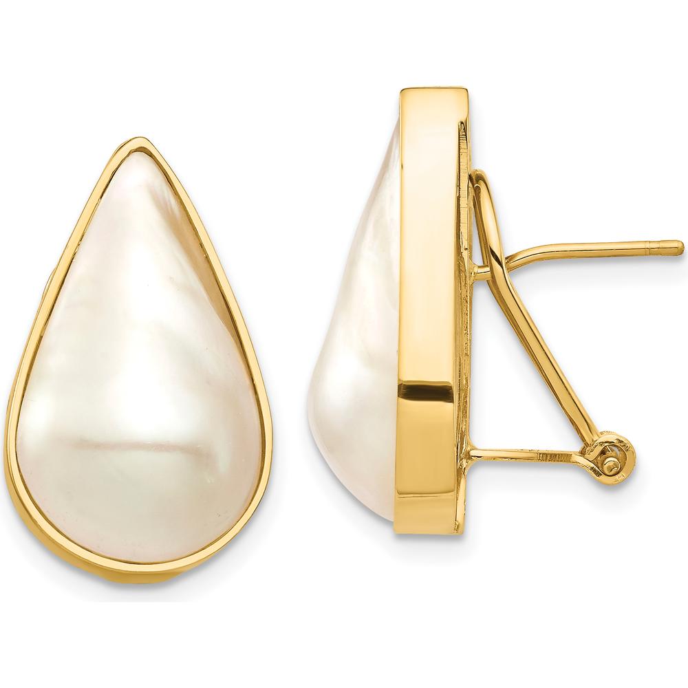14K Yellow Gold Pear-Shaped Saltwater Cultured Mabe Pearl Omega Back Earrings - 24mm Total Length by Monteluci Fine Jewelry