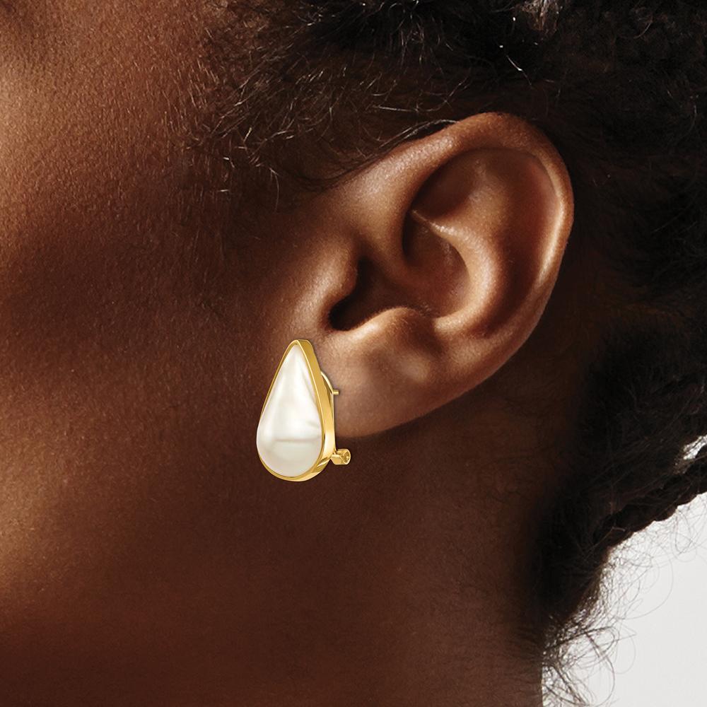 14K Yellow Gold Pear-Shaped Saltwater Cultured Mabe Pearl Omega Back Earrings - 24mm Total Length by Monteluci Fine Jewelry