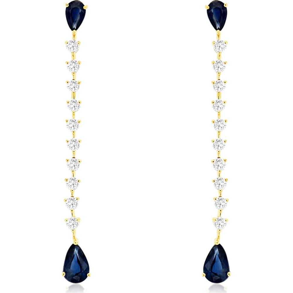 14K Yellow Gold Pear-Shaped Sapphire and Diamond Drop Earrings - 1.62 Carat Total Sapphire Weight, 0.60 Carat Total Diamond Weight - Royal Jewelry