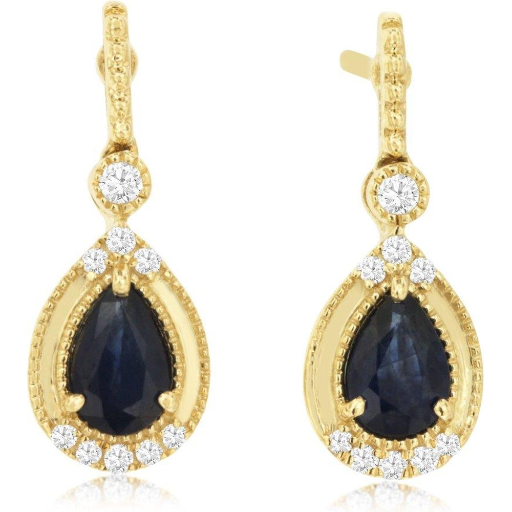 14K Yellow Gold Pear-Shaped Sapphire and Diamond Drop Earrings with Milgrain Border - 0.90 Carat Total Sapphire Weight and 0.12 Carat Total Diamond Weight - Royal Jewelry